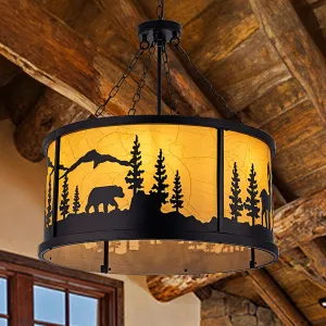 TOCHIC Rustic Farmhouse Chandeliers for Dining Room, 6 Lights Black Ceiling Light Fixture, Western Vintage Drum Chandelier with Forest Bear Elk for Bedroom, Living Room, Entryway, Foyer, D-28 in