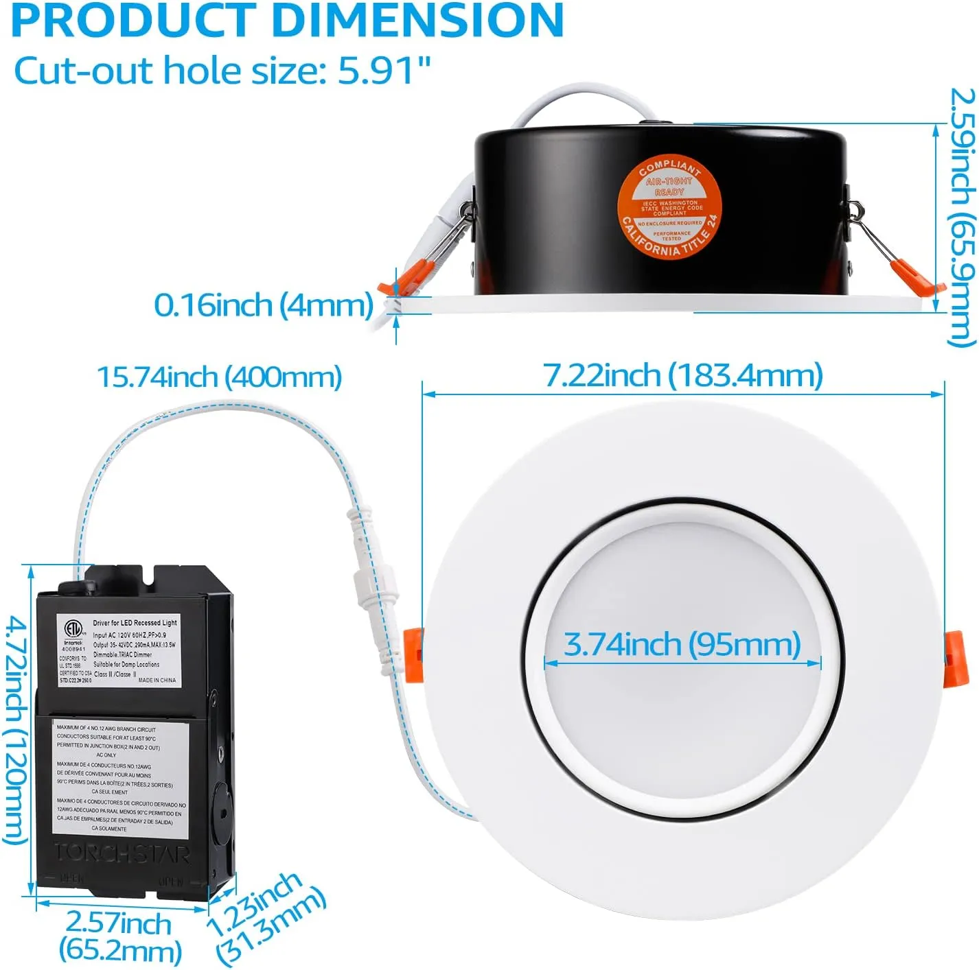 TORCHSTAR 6 Inch 5CCT Gimbal LED Recessed Lighting with Junction Box Dimmable, 2700K/3000K/3500K/4000K/5000K Selectable, Adjustable Recessed Downlight, LED Retrofit Downlight, ETL, Pack of 4