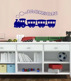 Train with (Custom Name) Smoke Stack #6 Children Wall Decal 13" x 26" (Navy Blue)