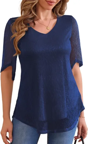Traleubie Women's Short Sleeve Sparkly Glitter Blouse Double Layer Mesh Top for Parties, Evening Wear, Everyday Style, S-XL