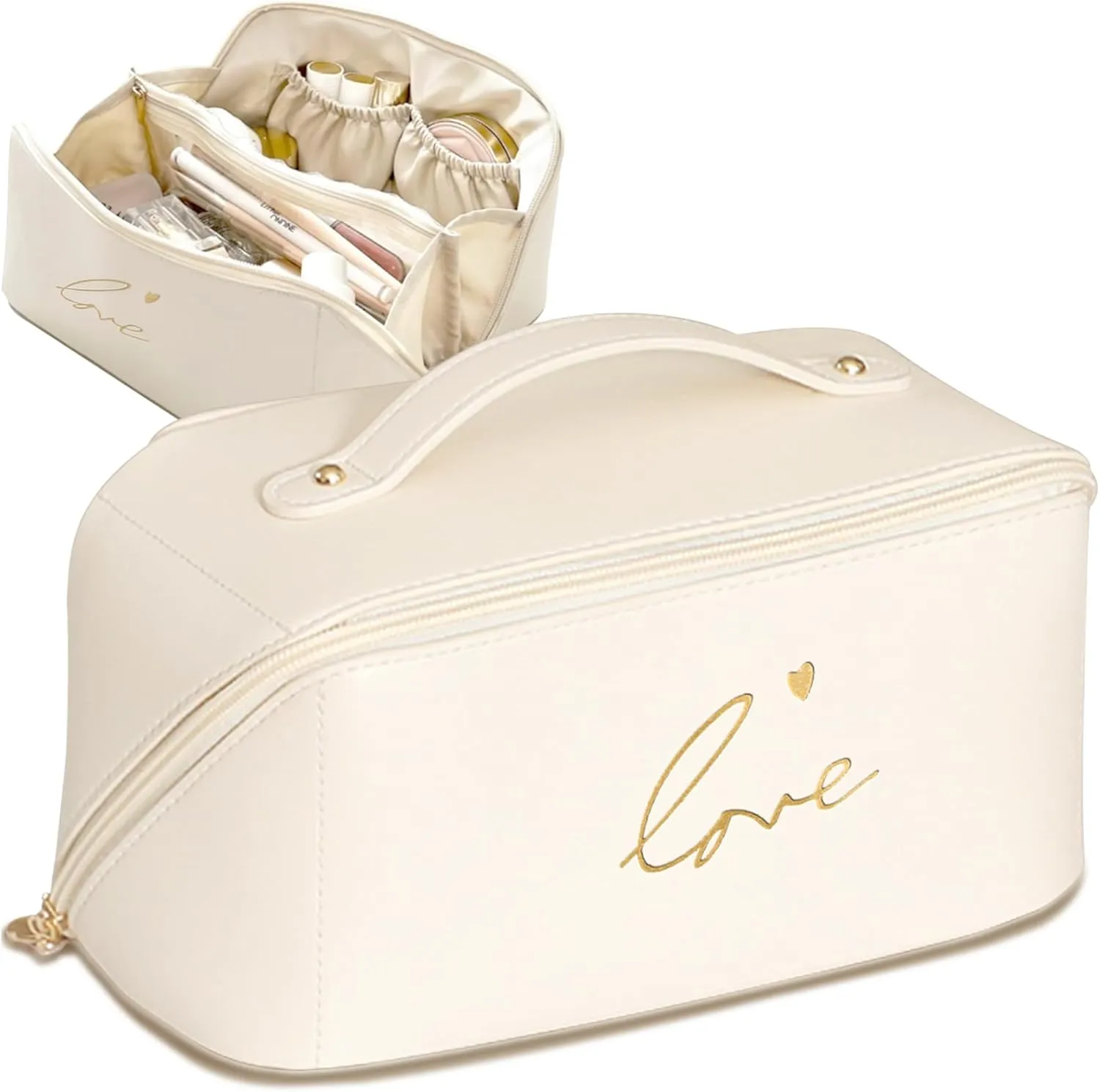 Travel Makeup Bag, Cute Love Cosmetic Bags for Women, Large Capacity Waterproof Portable Pouch Open Flat Toiletry Bag Make up Organizer with Divider and Handle, White