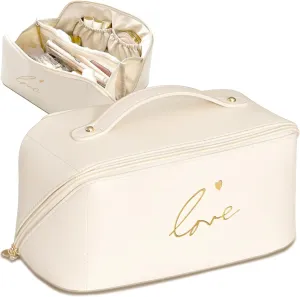 Travel Makeup Bag, Cute Love Cosmetic Bags for Women, Large Capacity Waterproof Portable Pouch Open Flat Toiletry Bag Make up Organizer with Divider and Handle, White