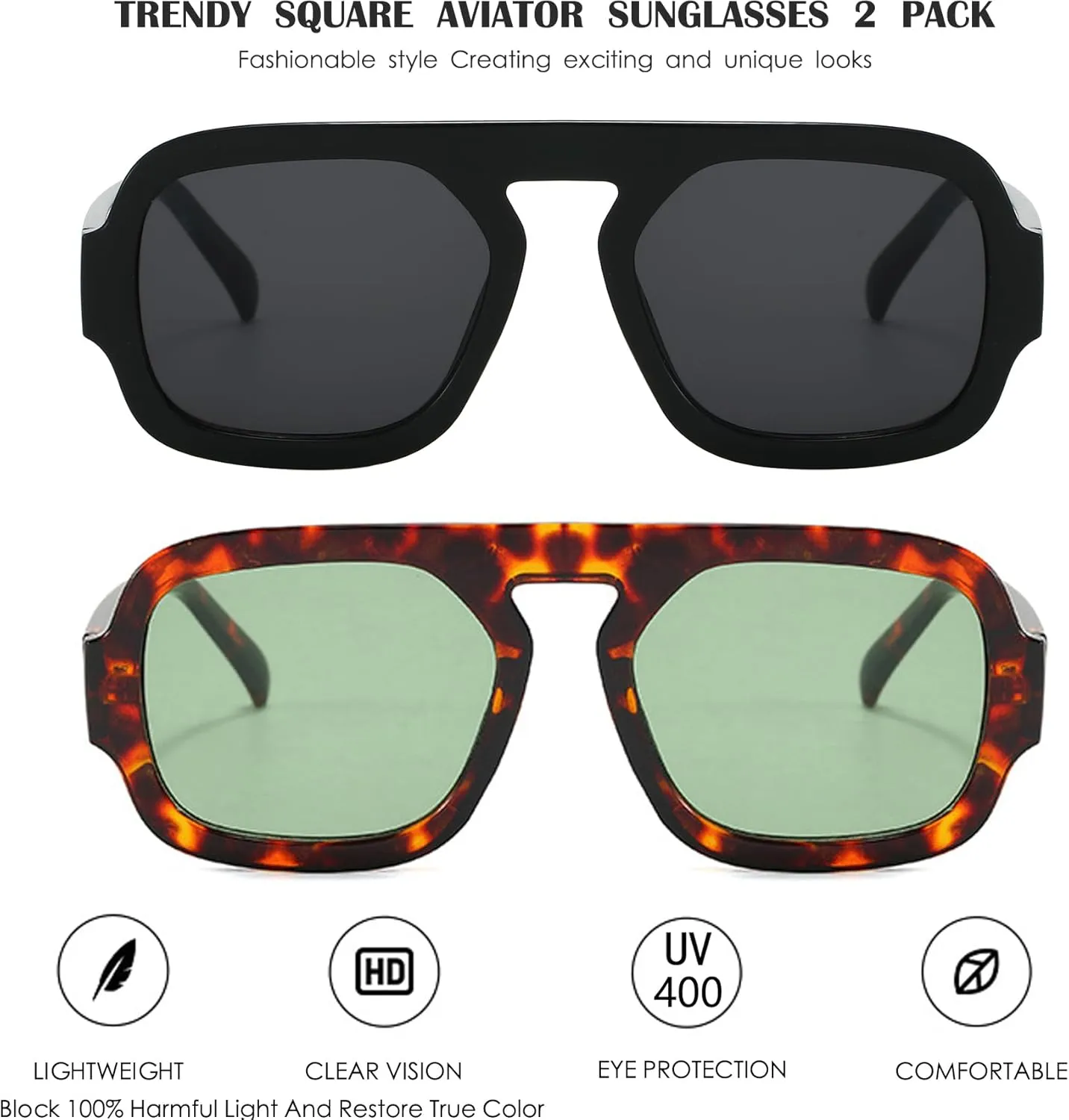 Trendy Square Aviator Sunglasses for Women Flat Top Designer Stylish Frame Sun Glasses Vintage Shades