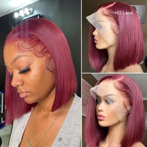 UCUVIC 99J Burgundy Lace Front Wigs Human Hair 12 Inch 13x4 HD Lace Bob Wig Human Hair Glueless Frontal Wigs Pre Plucked 180% Density, Red Wig Straight Lace Front Wigs Human Hair Bob Wig