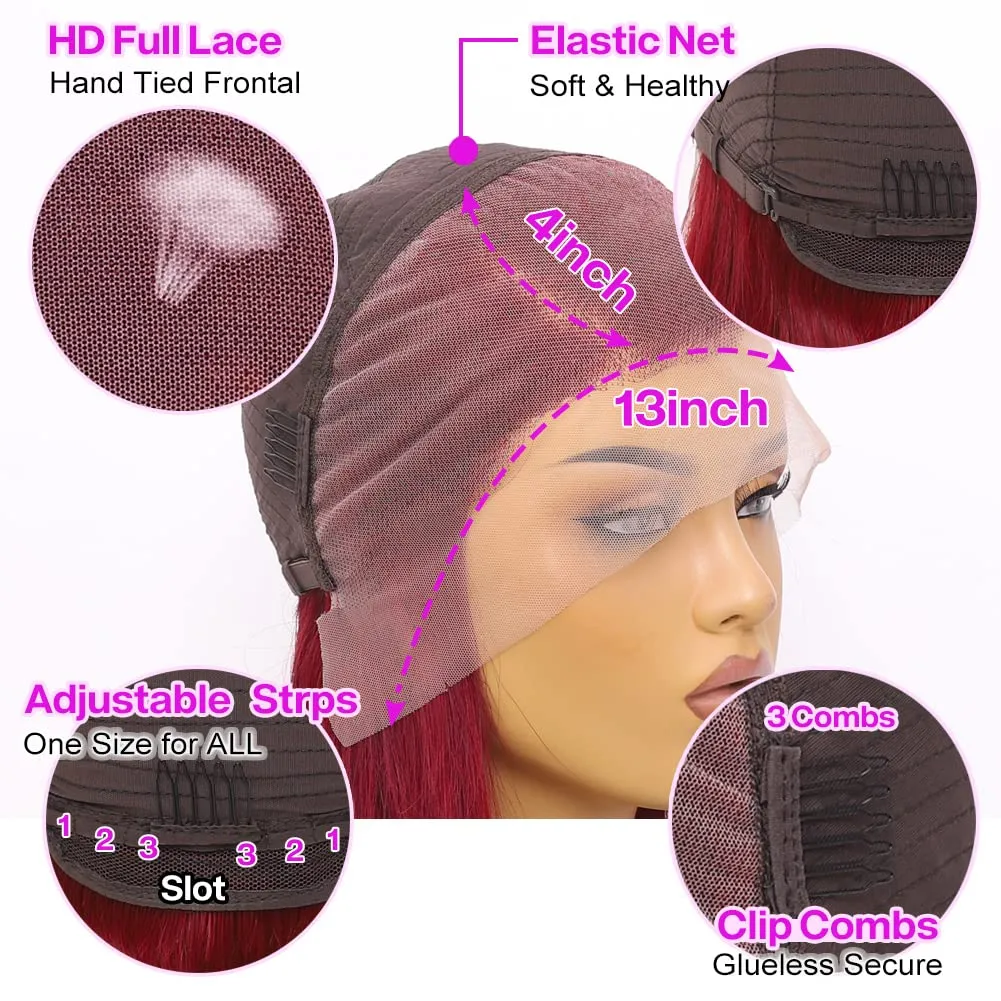 UCUVIC 99J Burgundy Lace Front Wigs Human Hair 12 Inch 13x4 HD Lace Bob Wig Human Hair Glueless Frontal Wigs Pre Plucked 180% Density, Red Wig Straight Lace Front Wigs Human Hair Bob Wig