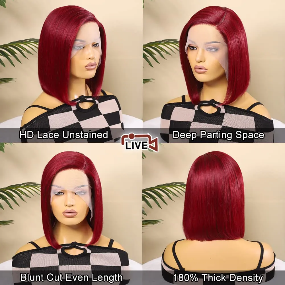 UCUVIC 99J Burgundy Lace Front Wigs Human Hair 12 Inch 13x4 HD Lace Bob Wig Human Hair Glueless Frontal Wigs Pre Plucked 180% Density, Red Wig Straight Lace Front Wigs Human Hair Bob Wig