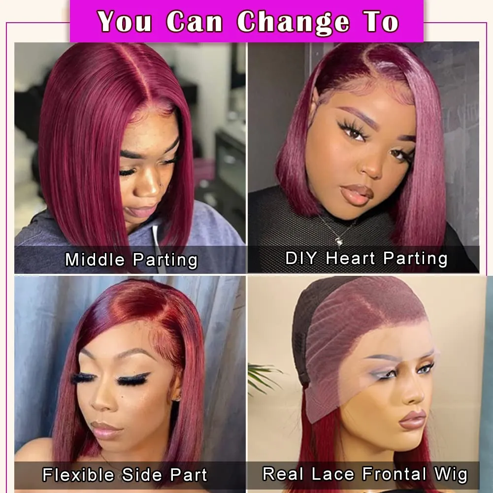 UCUVIC 99J Burgundy Lace Front Wigs Human Hair 12 Inch 13x4 HD Lace Bob Wig Human Hair Glueless Frontal Wigs Pre Plucked 180% Density, Red Wig Straight Lace Front Wigs Human Hair Bob Wig