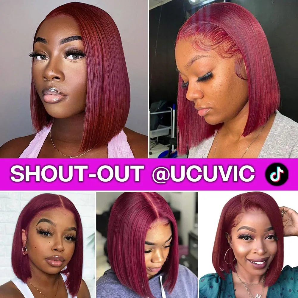 UCUVIC 99J Burgundy Lace Front Wigs Human Hair 12 Inch 13x4 HD Lace Bob Wig Human Hair Glueless Frontal Wigs Pre Plucked 180% Density, Red Wig Straight Lace Front Wigs Human Hair Bob Wig