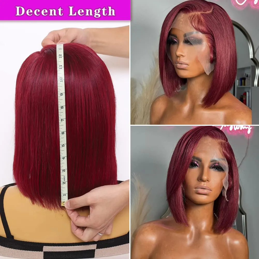 UCUVIC 99J Burgundy Lace Front Wigs Human Hair 12 Inch 13x4 HD Lace Bob Wig Human Hair Glueless Frontal Wigs Pre Plucked 180% Density, Red Wig Straight Lace Front Wigs Human Hair Bob Wig