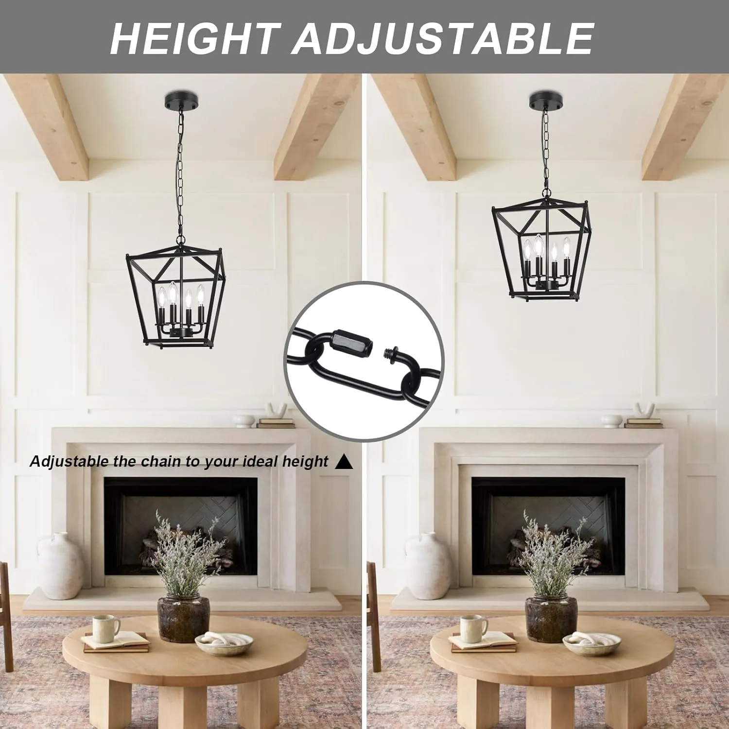 Unicozin 4 Light Chandelier, Black Lantern Light Fixtures with Farmhouse Metal Cage Adjustable Height Rustic Geometric Hanging Light for Kitchen Island, Entryway, Indoor, E12 Base