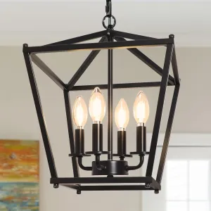 Unicozin 4 Light Chandelier, Black Lantern Light Fixtures with Farmhouse Metal Cage Adjustable Height Rustic Geometric Hanging Light for Kitchen Island, Entryway, Indoor, E12 Base