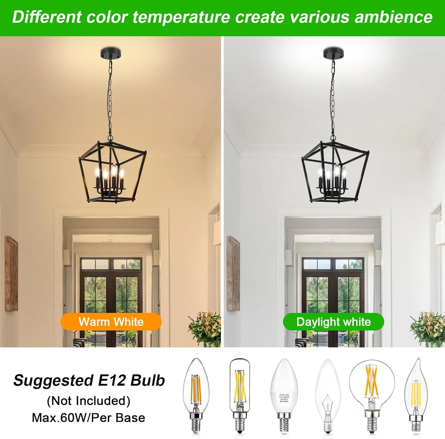 Unicozin 4 Light Chandelier, Black Lantern Light Fixtures with Farmhouse Metal Cage Adjustable Height Rustic Geometric Hanging Light for Kitchen Island, Entryway, Indoor, E12 Base