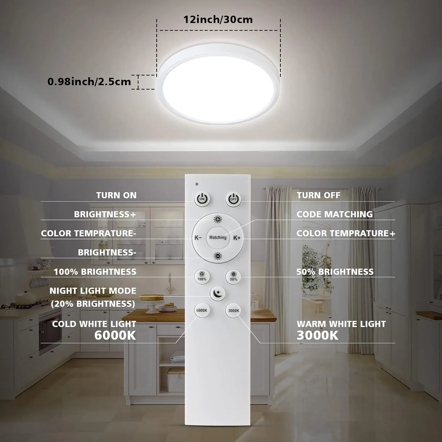 Unicozin Dimmable LED Flush Mount Ceiling Light with Remote Control, 3000K-6000K Color Changing, 12Inch 24W(150W Equiv) 2200LM, Round Flat Ceiling Lamp White for Bedroom, Living Room, Kitchen,Wired