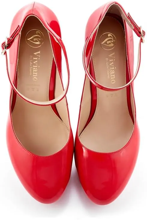 Viviano By Lidia Talavera Vivano | Remi Red Platform Pumps with Chunky Heel, Closed-Toe and Ankle Strap | High Heels for Men, Drag Queens, Transgender Women & Nonbinary