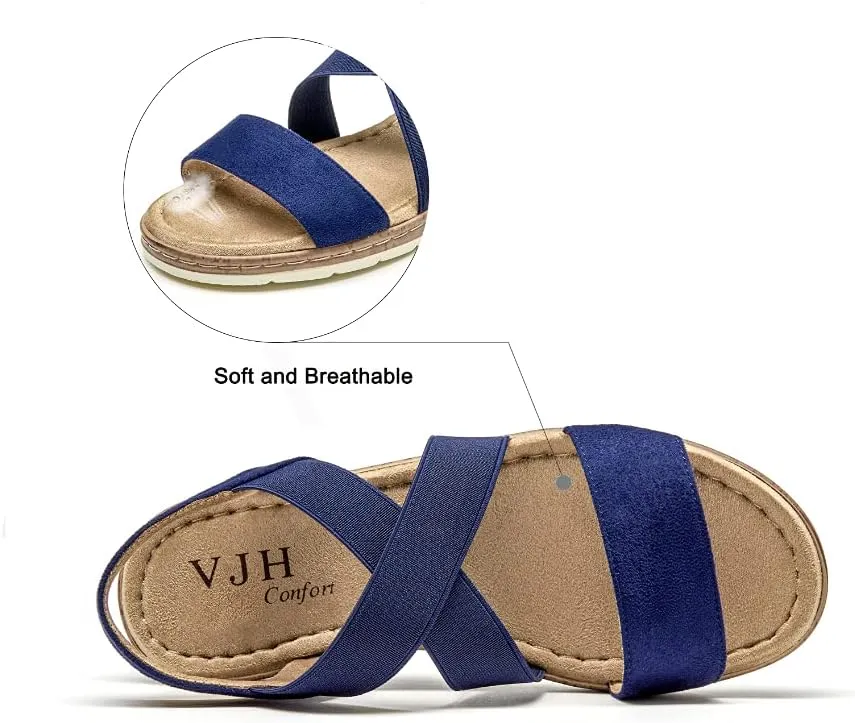 VJH confort Women's Flat sandals, Comfort Slip-on Elastic ankle strap Slingback Light Weight Casual Walking Sandals