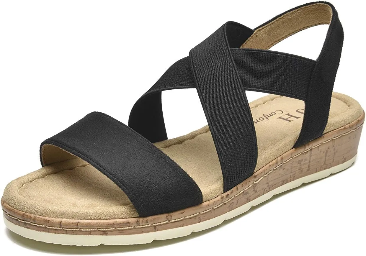 VJH confort Women's Flat sandals, Comfort Slip-on Elastic ankle strap Slingback Light Weight Casual Walking Sandals