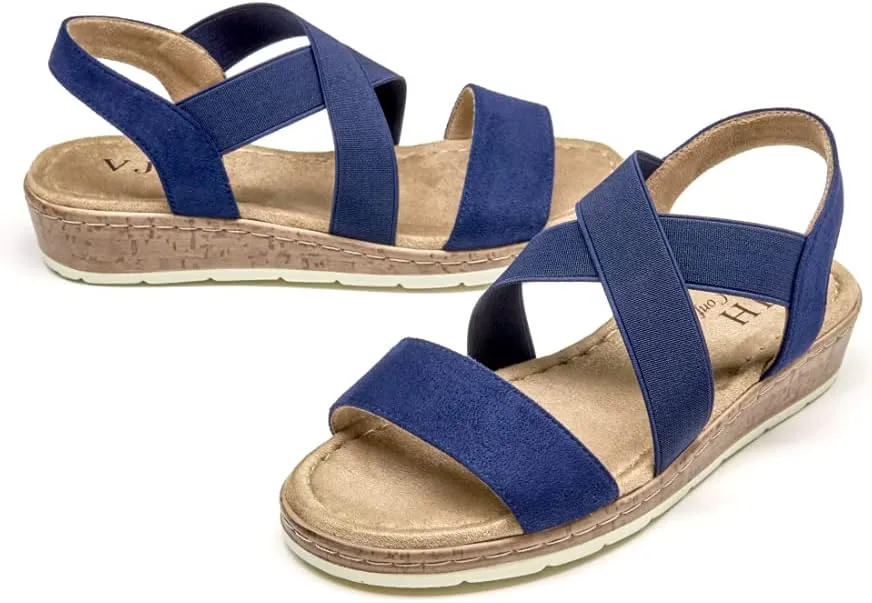 VJH confort Women's Flat sandals, Comfort Slip-on Elastic ankle strap Slingback Light Weight Casual Walking Sandals