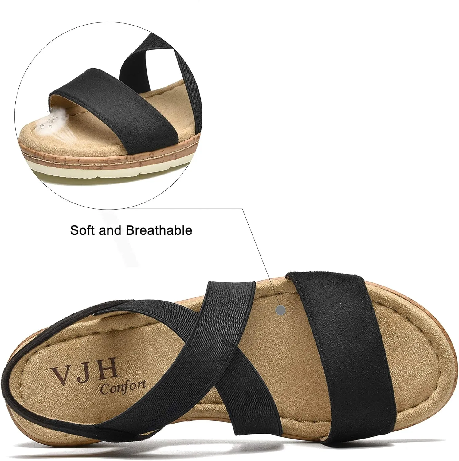 VJH confort Women's Flat sandals, Comfort Slip-on Elastic ankle strap Slingback Light Weight Casual Walking Sandals