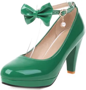 VOKLIN Women's Round Toe Bow Platform Ankle Strap Mary Janes Pumps Block High Heel Party Dress Pump Shoes