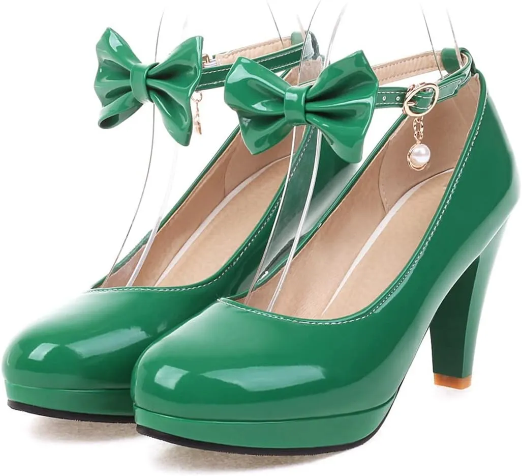 VOKLIN Women's Round Toe Bow Platform Ankle Strap Mary Janes Pumps Block High Heel Party Dress Pump Shoes