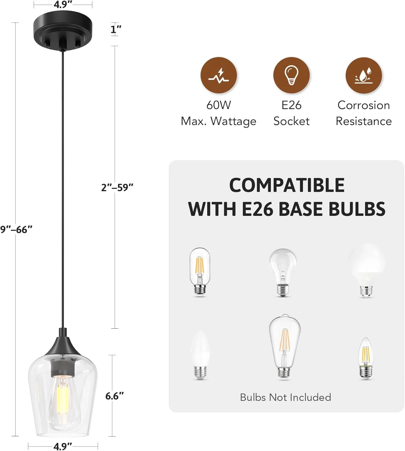 VONLUCE Black Pendant Light for Kitchen Island, Pendant Light Fixture w/Hanging Cord for Bedroom & Hallway, Kitchen Pendant Lighting Over Island with Clear Glass Shade