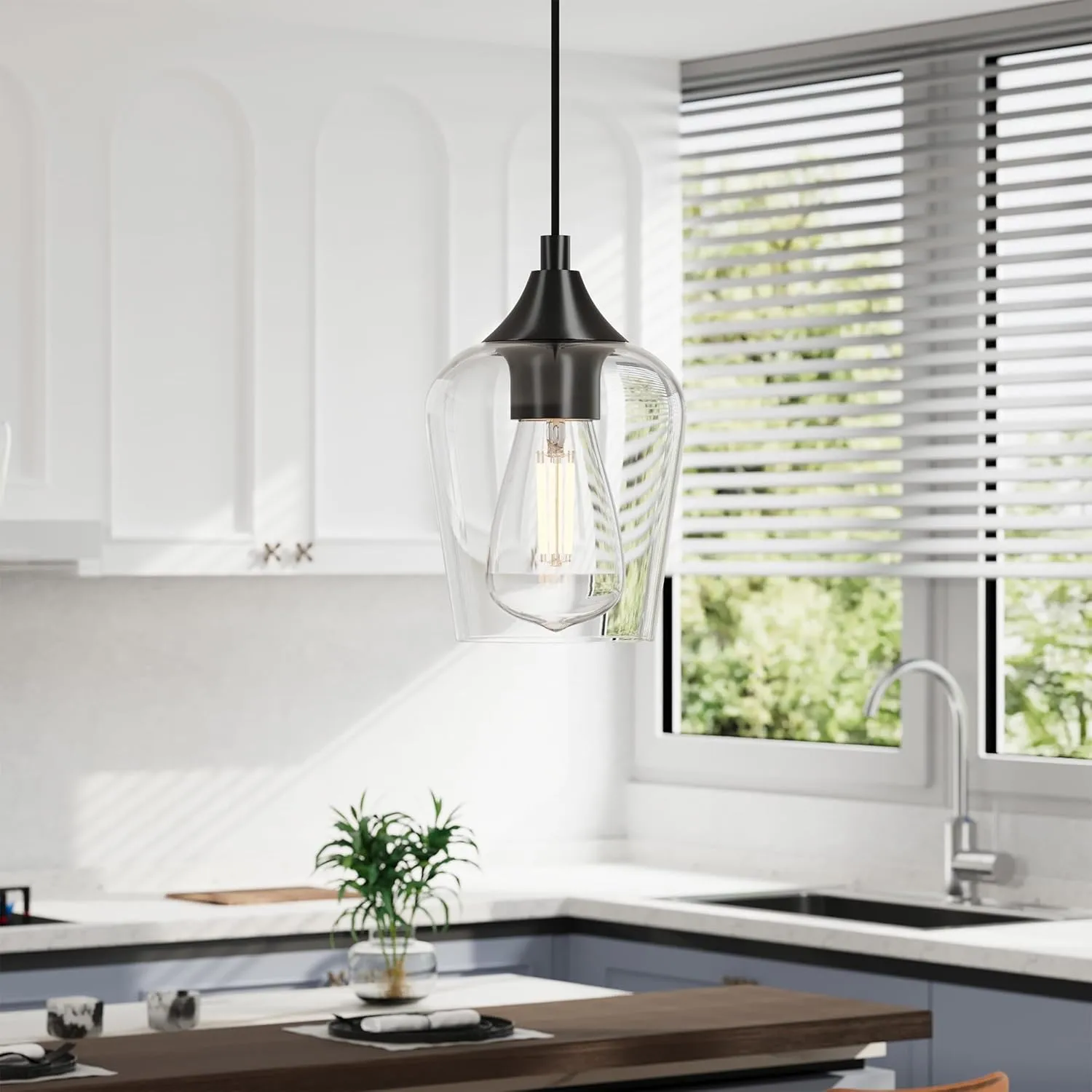 VONLUCE Black Pendant Light for Kitchen Island, Pendant Light Fixture w/Hanging Cord for Bedroom & Hallway, Kitchen Pendant Lighting Over Island with Clear Glass Shade