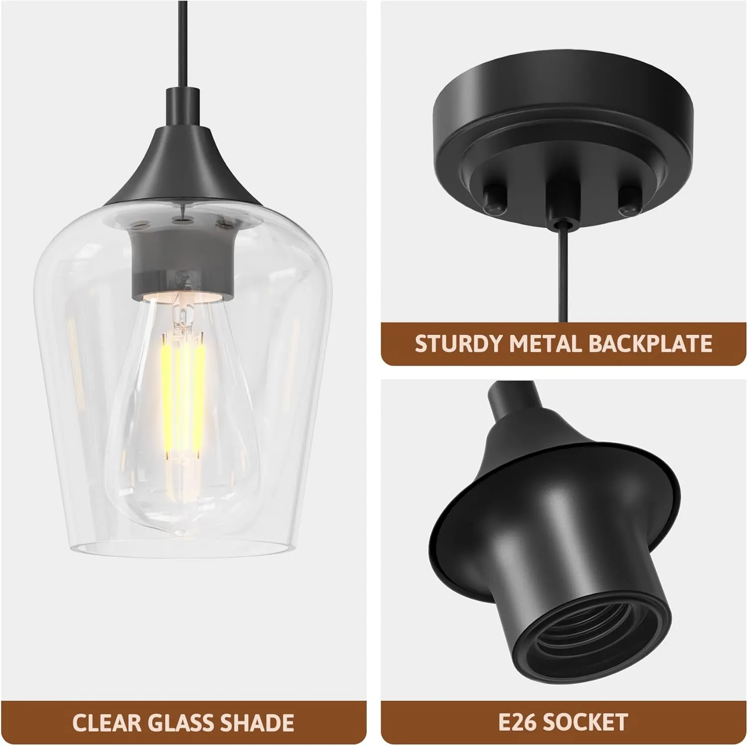 VONLUCE Black Pendant Light for Kitchen Island, Pendant Light Fixture w/Hanging Cord for Bedroom & Hallway, Kitchen Pendant Lighting Over Island with Clear Glass Shade
