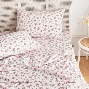 Wake In Cloud - Shabby Chic Bed Sheets, 4-Piece Sheet Set, Floral Flower Rose Pattern Printed Coquette Cottagecore Vintage Aesthetic Bedding, Deep Pocket, Light Pink, Queen Size