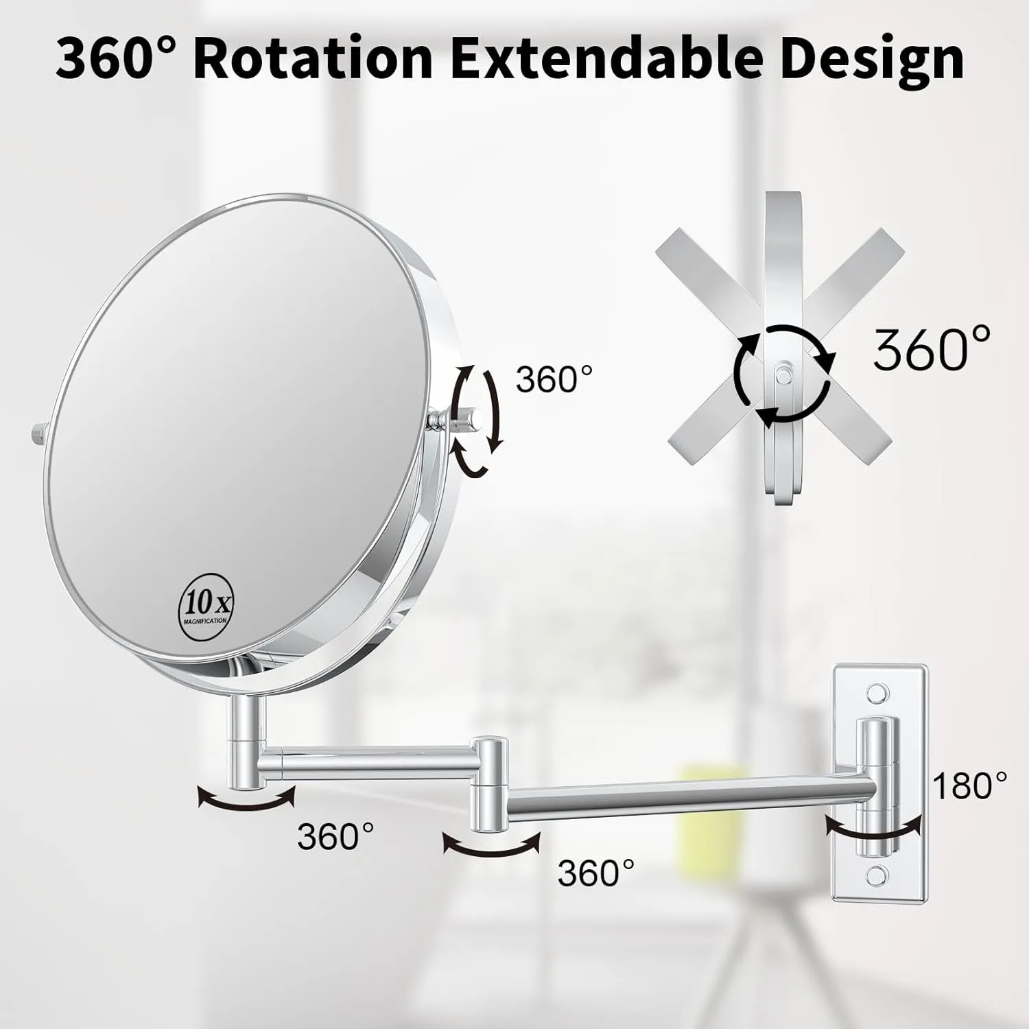Wall Mounted Makeup Mirror, 10x/1x Double-Sided Magnifying Mirror, 360° Extendable Arm Bathroom Mirror, 8 inch Vanity Mirror for Makeup or Shaving Chrome Finish