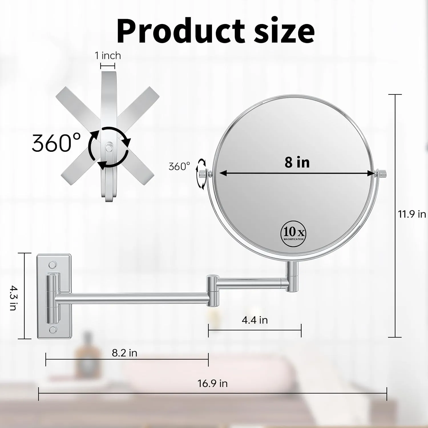 Wall Mounted Makeup Mirror, 10x/1x Double-Sided Magnifying Mirror, 360° Extendable Arm Bathroom Mirror, 8 inch Vanity Mirror for Makeup or Shaving Chrome Finish