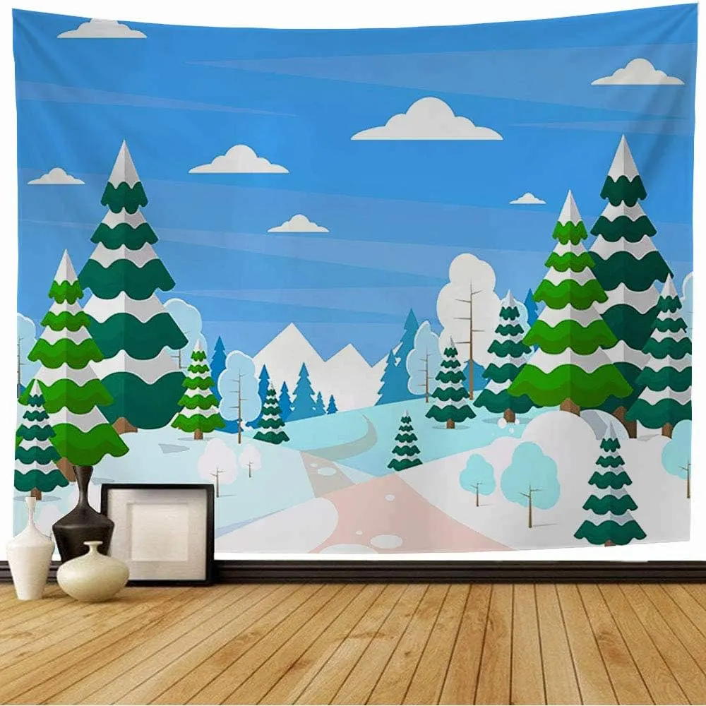 Wall Tapestry Green Winter Forest Space Landscape Christmas Pine Snow Trees Woods Blue Flat Road Mountain Path Tapestry Wall Hanging Bedding Tapestry for Bedroom 80x60 Inch