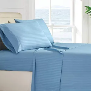 Waterbed Sheets King Size Attached Waterbed Sheets 100% Egyptian Cotton 4 Piece Sheet Set 15" Deep Pocket Attached Waterbed Sheet Set in Stripe (Light Blue, King)