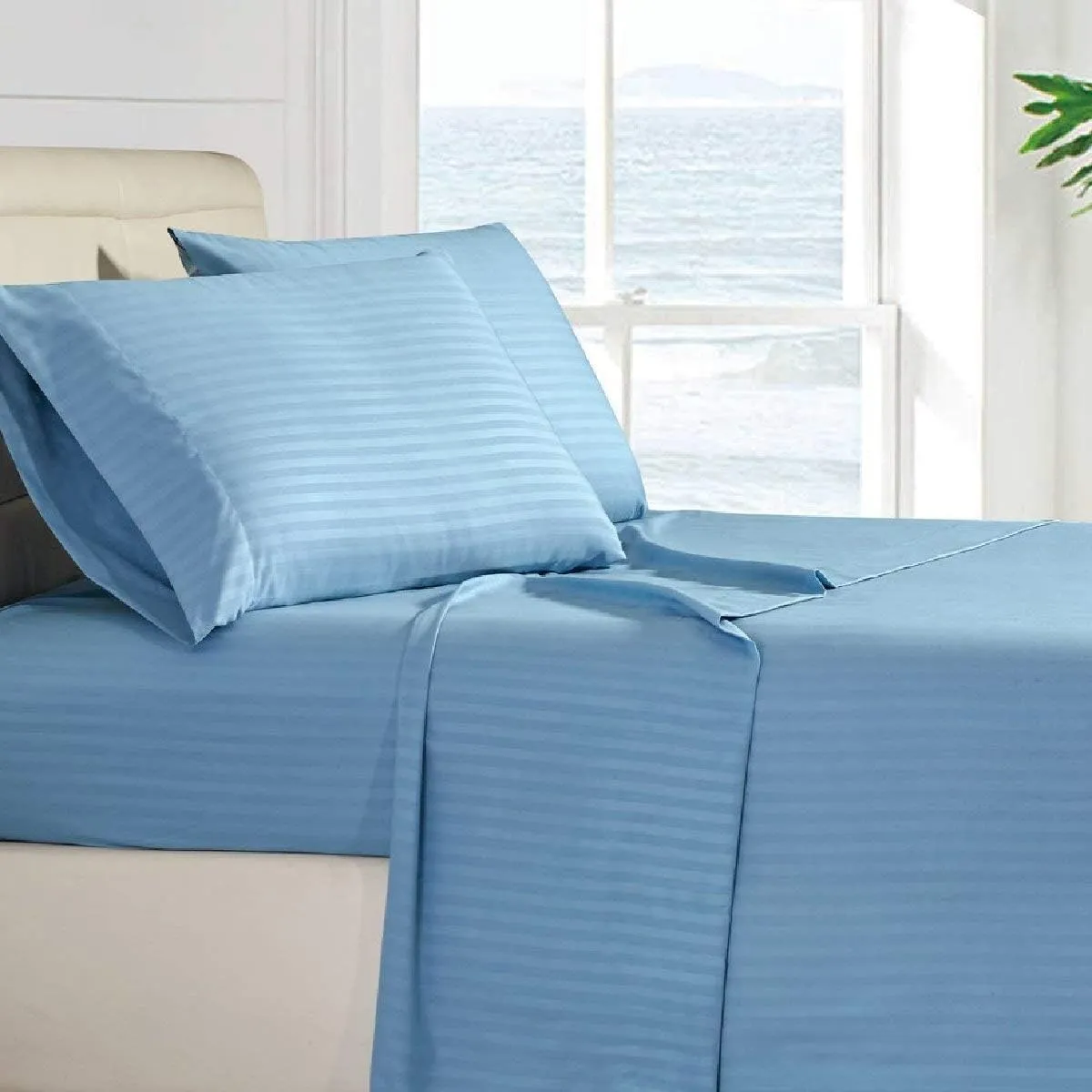 Waterbed Sheets King Size Attached Waterbed Sheets 100% Egyptian Cotton 4 Piece Sheet Set 15" Deep Pocket Attached Waterbed Sheet Set in Stripe (Light Blue, King)