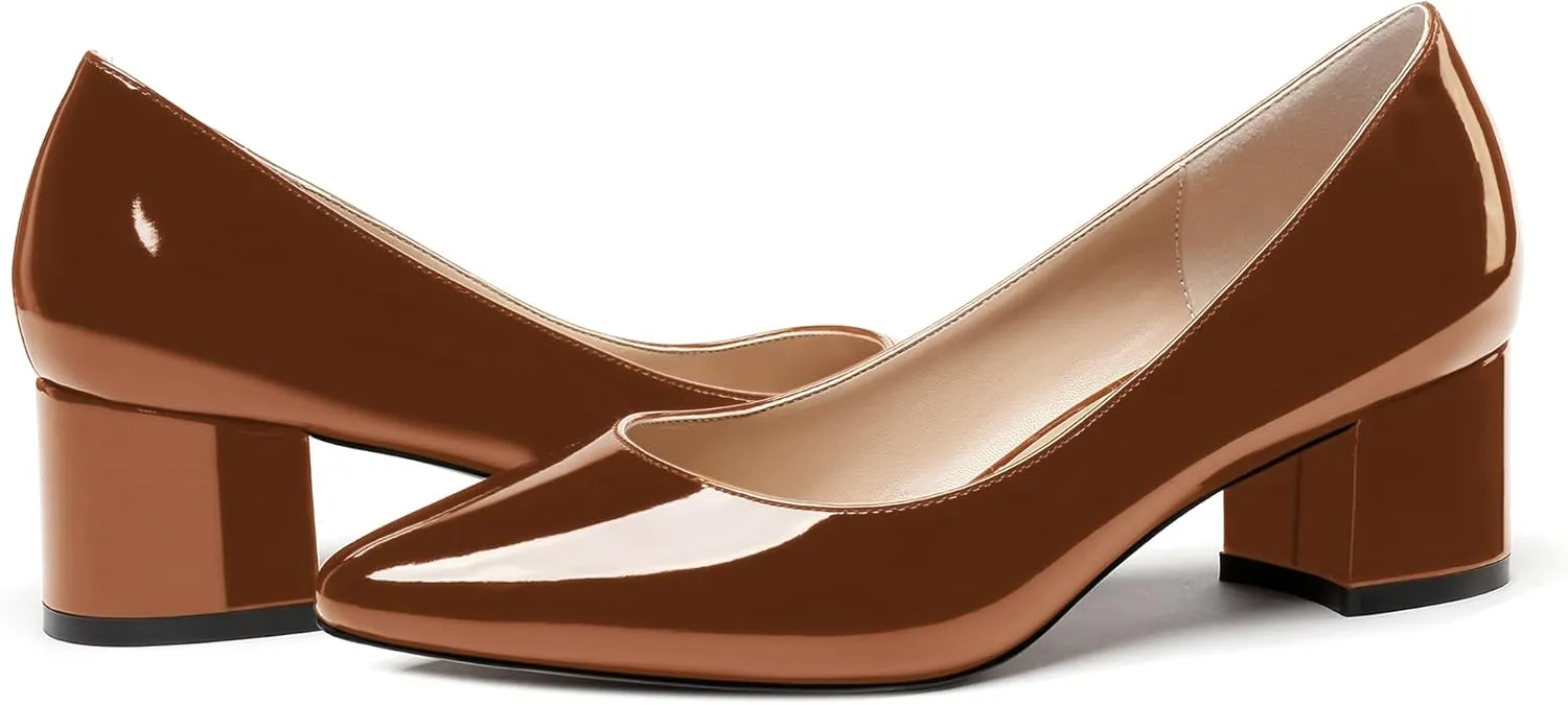 WAYDERNS Women's Slip On Block Patent Round Toe Dress Office Chunky Low Heel Pumps Shoes 2 Inch