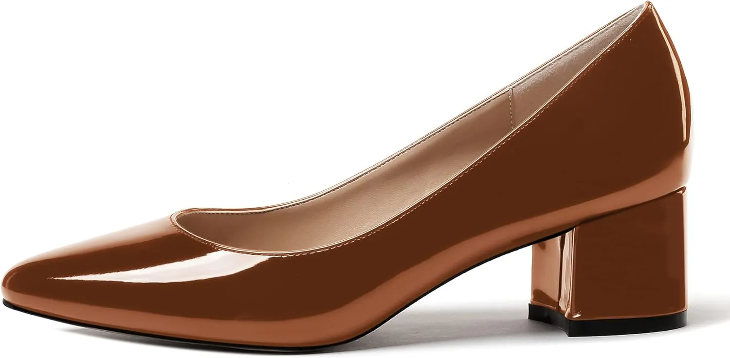 WAYDERNS Women's Slip On Block Patent Round Toe Dress Office Chunky Low Heel Pumps Shoes 2 Inch