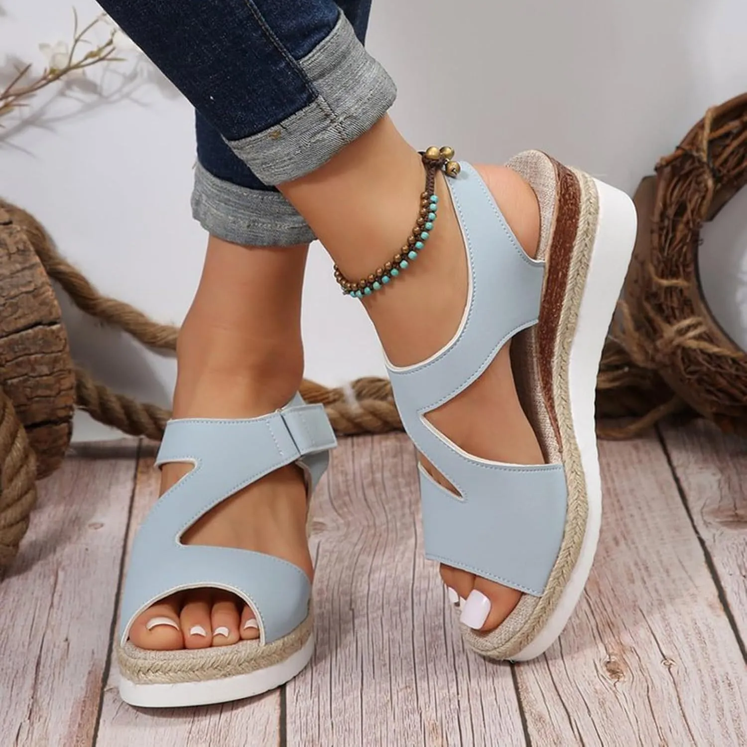Wedge Sandals for Women 2024 Large Size Thick Soled Strap Sandals Women's Bohemian Wedge Beach Sandals