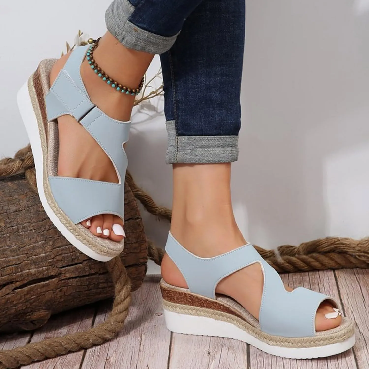 Wedge Sandals for Women 2024 Large Size Thick Soled Strap Sandals Women's Bohemian Wedge Beach Sandals