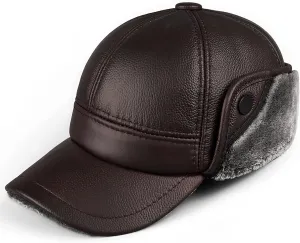 Winter Hats, Hat Mens Hat Leather Cap Thick Trooper Trapper Hat Aviator Hat with Big Eaves Winter Dark Brown