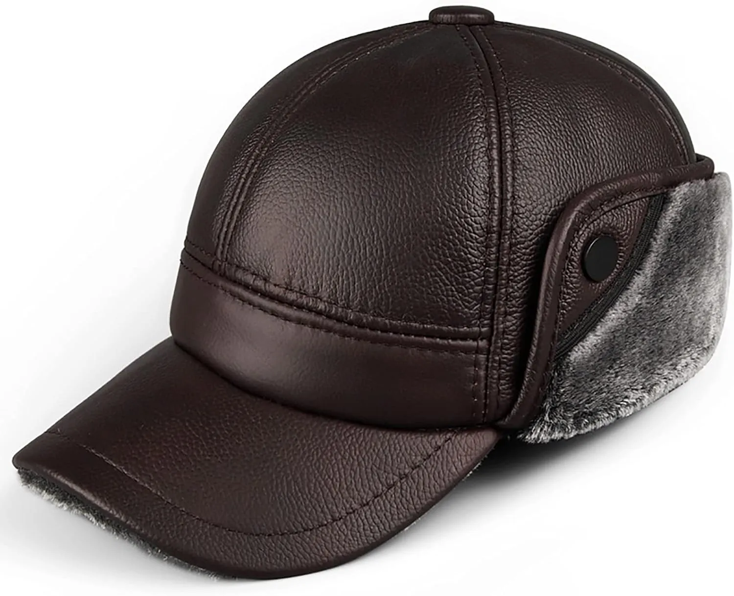 Winter Hats, Hat Mens Hat Leather Cap Thick Trooper Trapper Hat Aviator Hat with Big Eaves Winter Dark Brown