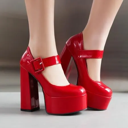Women Ankle Strap Platform Pumps Glossy Patent Round Toe Chunky High Heels with Belt Buckles