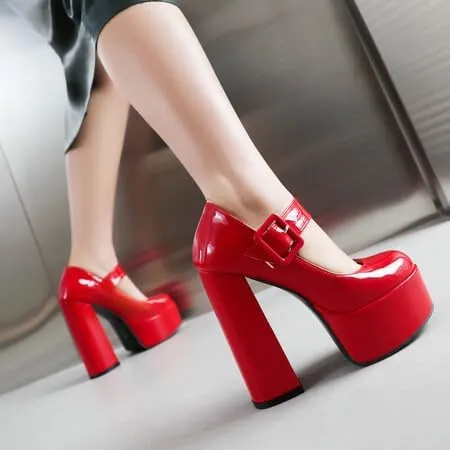 Women Ankle Strap Platform Pumps Glossy Patent Round Toe Chunky High Heels with Belt Buckles
