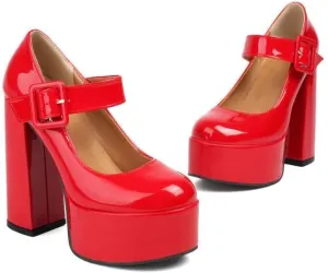 Women Ankle Strap Platform Pumps Glossy Patent Round Toe Chunky High Heels with Belt Buckles
