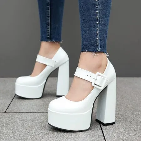 Women Ankle Strap Platform Pumps Glossy Patent Round Toe Chunky High Heels with Belt Buckles