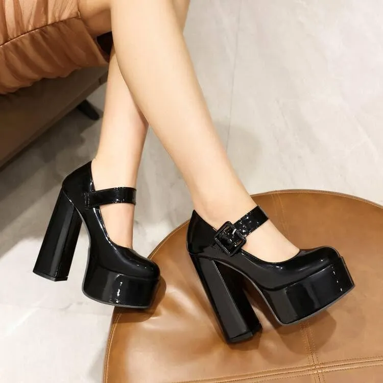 Women Ankle Strap Platform Pumps Glossy Patent Round Toe Chunky High Heels with Belt Buckles
