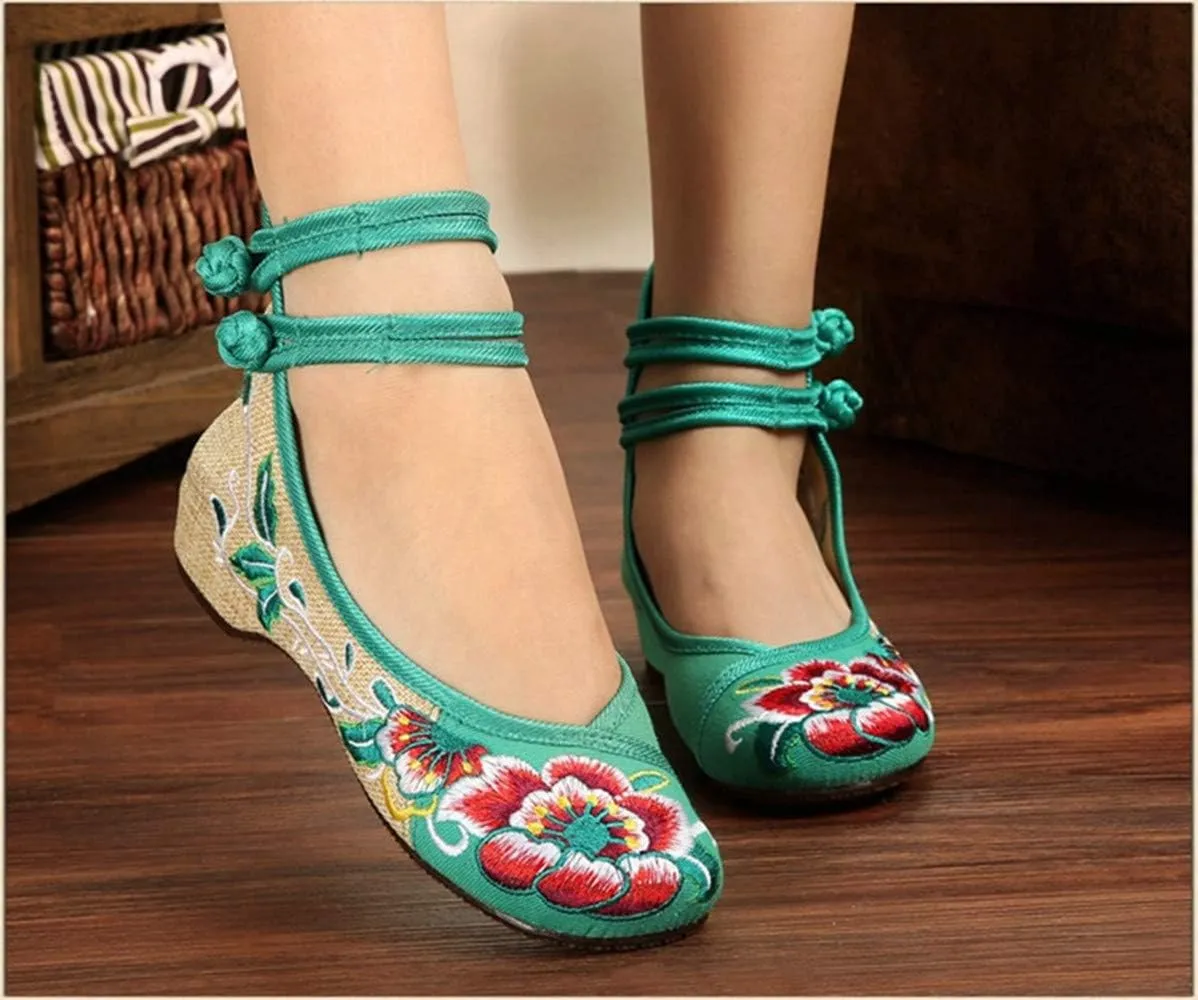 Women Chinese Embroidered Flower Flat Bridal Mary Jane Ballet Shoes