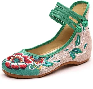 Women Chinese Embroidered Flower Flat Bridal Mary Jane Ballet Shoes