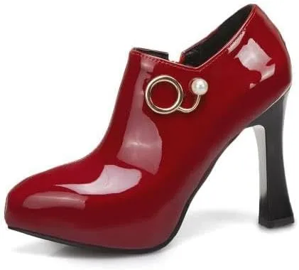Women Glossy Patent Pointed Toe High Spool Heels with Pearls