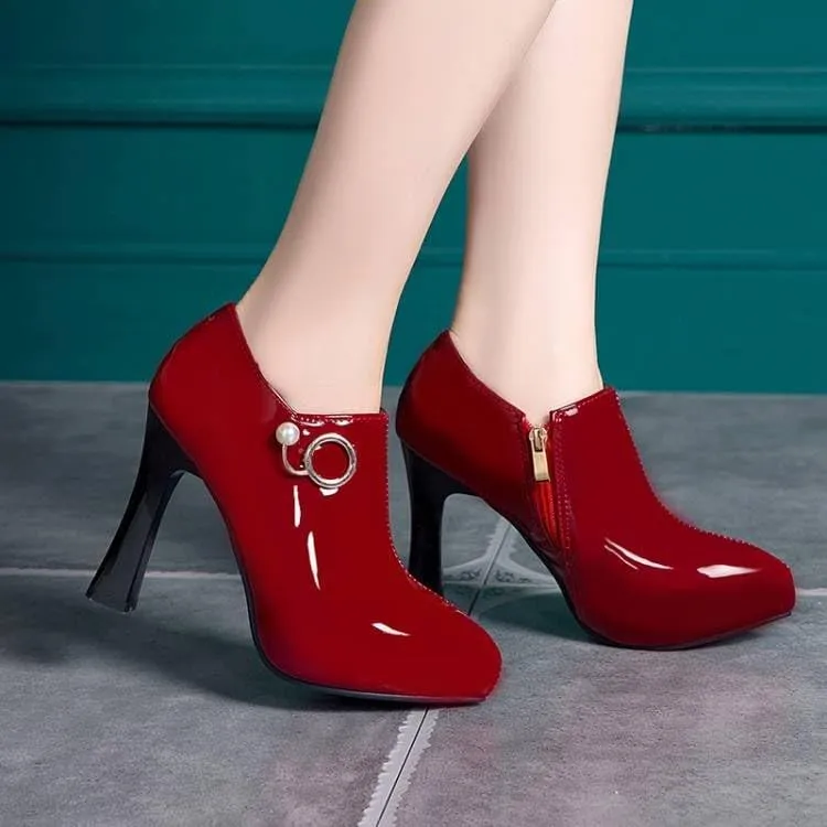 Women Glossy Patent Pointed Toe High Spool Heels with Pearls