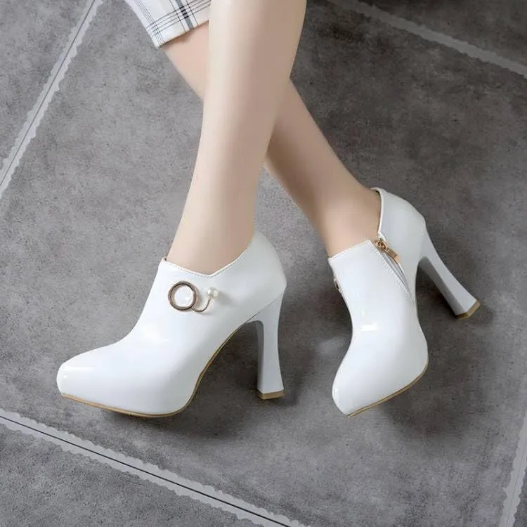 Women Glossy Patent Pointed Toe High Spool Heels with Pearls