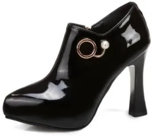 Women Glossy Patent Pointed Toe High Spool Heels with Pearls